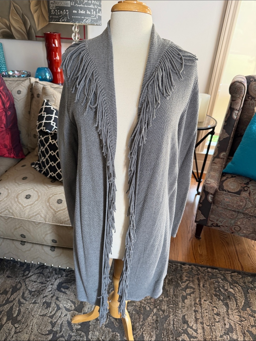 J Jill Fringed Open-Front Gray Women's Sweater Cardigan